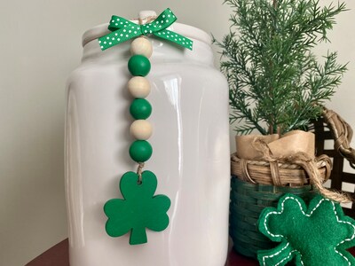 Shamrock canister bead garland, green clover, March tiered tray accent. Gift for Irish family, hutch decor, green mini wood bead garland - image2